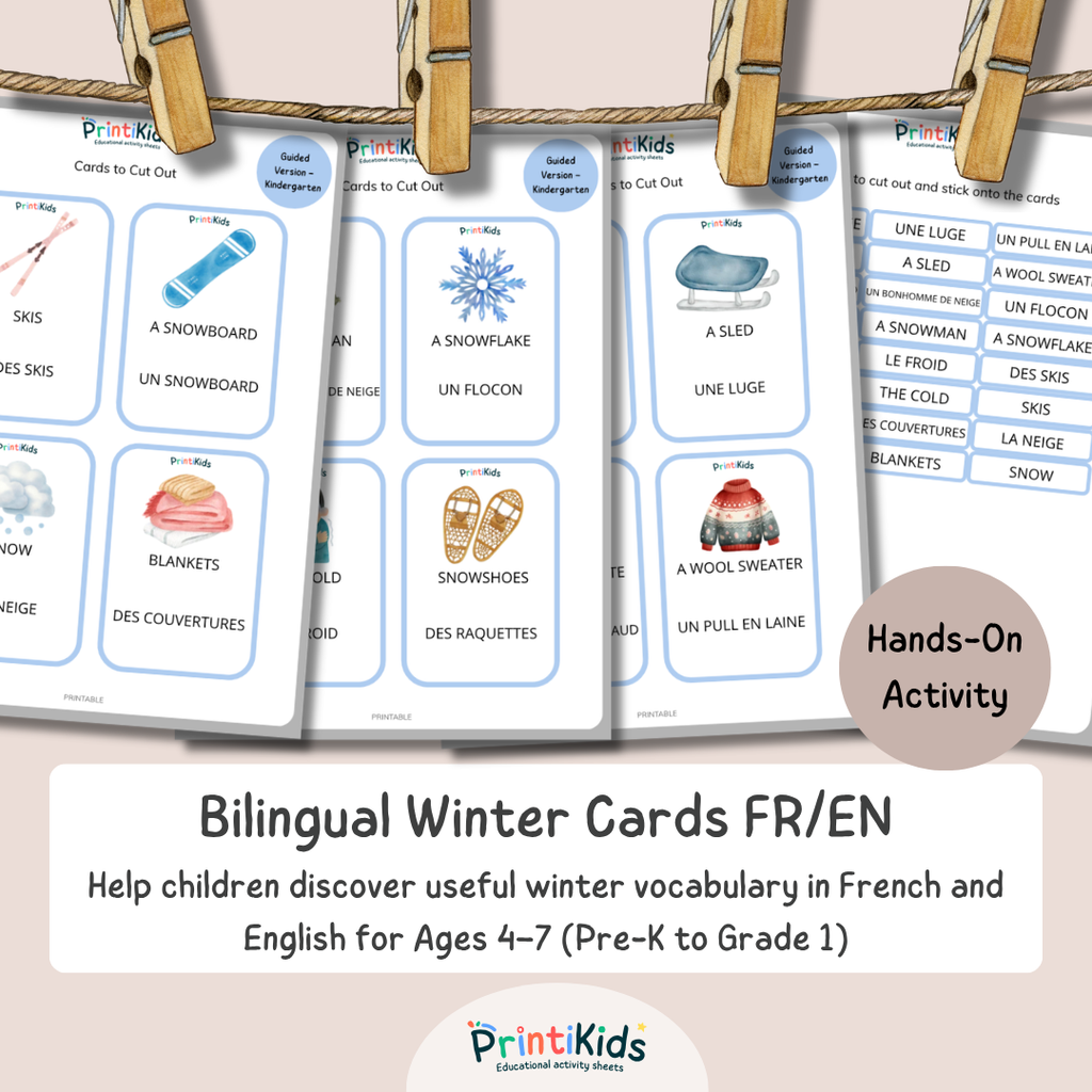 🇫🇷🇬🇧 Bilingual Winter Vocabulary Flashcards for Kids – Grades 1-2