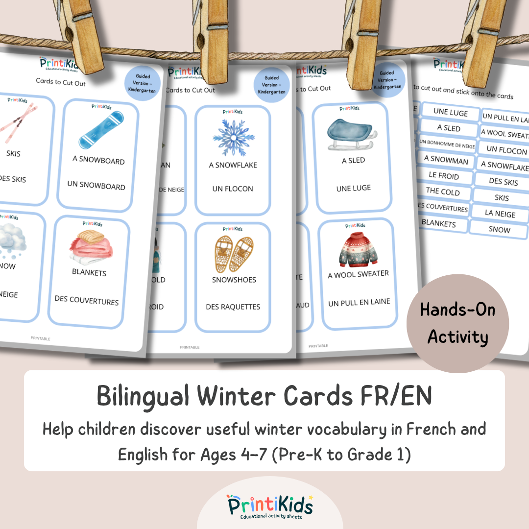 🇫🇷🇬🇧 Bilingual Winter Vocabulary Flashcards for Kids – Grades 1-2