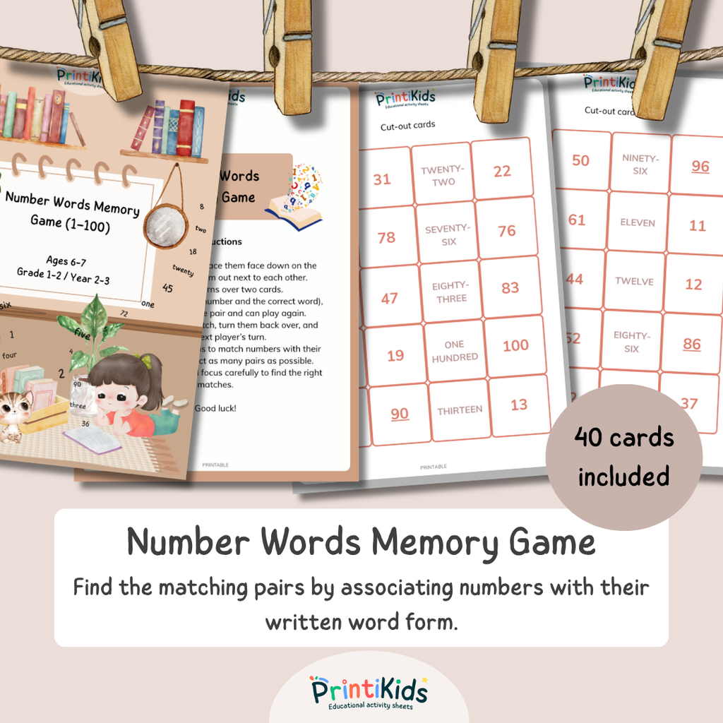 Number Words Memory Game 1–100 – Matching Math Activity (Ages 6–8 | Grade 1–2 / Year 2–3)