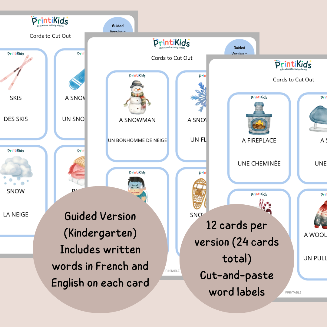 🇫🇷🇬🇧 Bilingual Winter Vocabulary Flashcards for Kids – Grades 1-2
