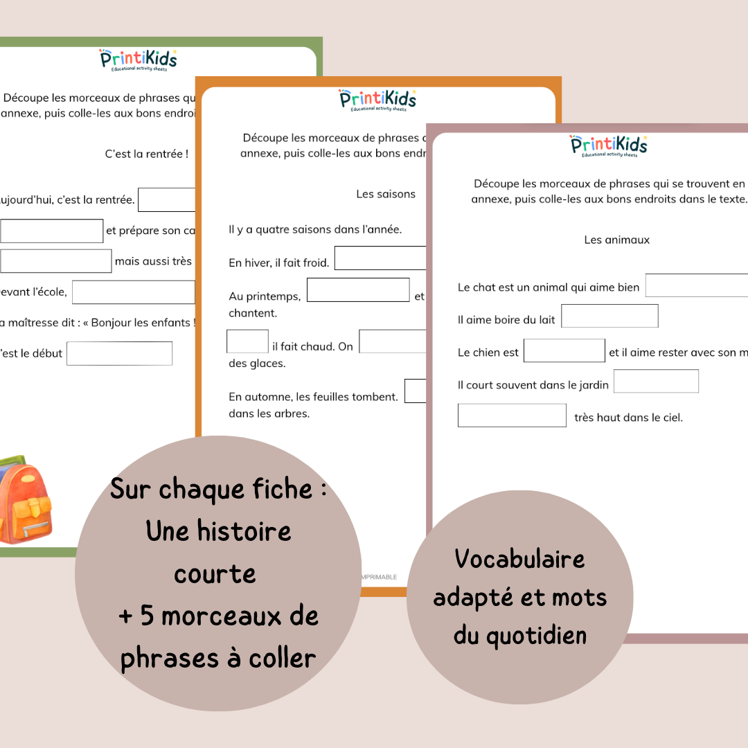 Textes à trous – Lecture et compréhension - Pack 5 fiches - CP