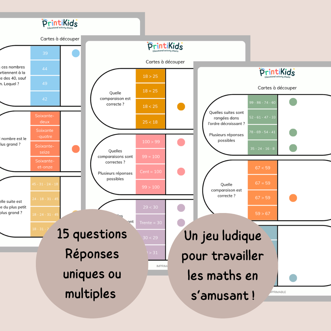 Cartes à pinces – Comparer et classer les nombres - CP