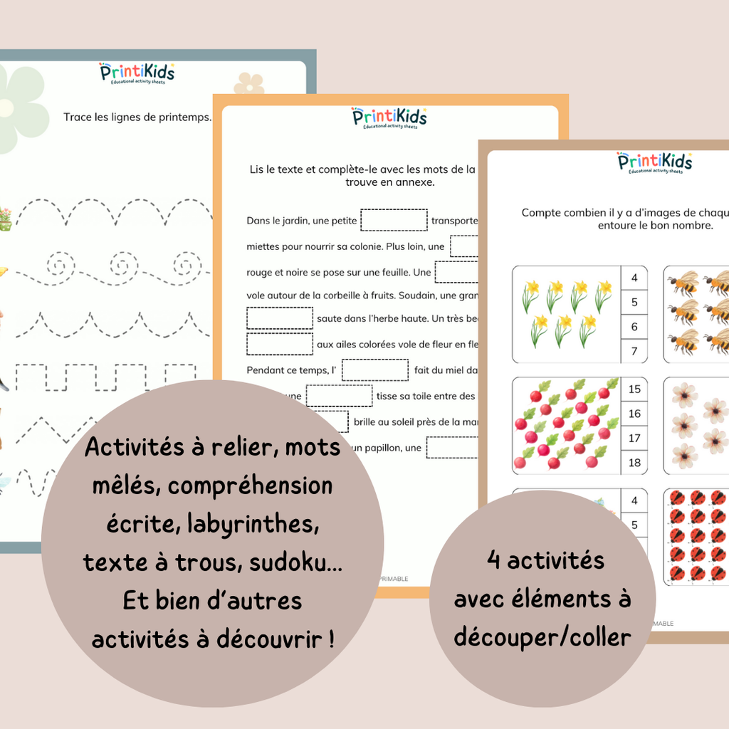 Pack activités printemps – Pack de 20 fiches ludiques et éducatives - CP CE1