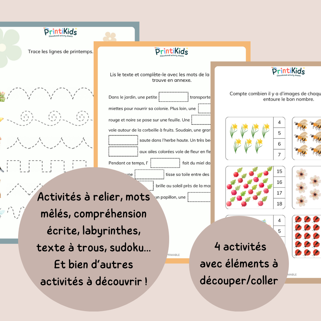 Pack activités printemps – Pack de 20 fiches ludiques et éducatives - CP CE1