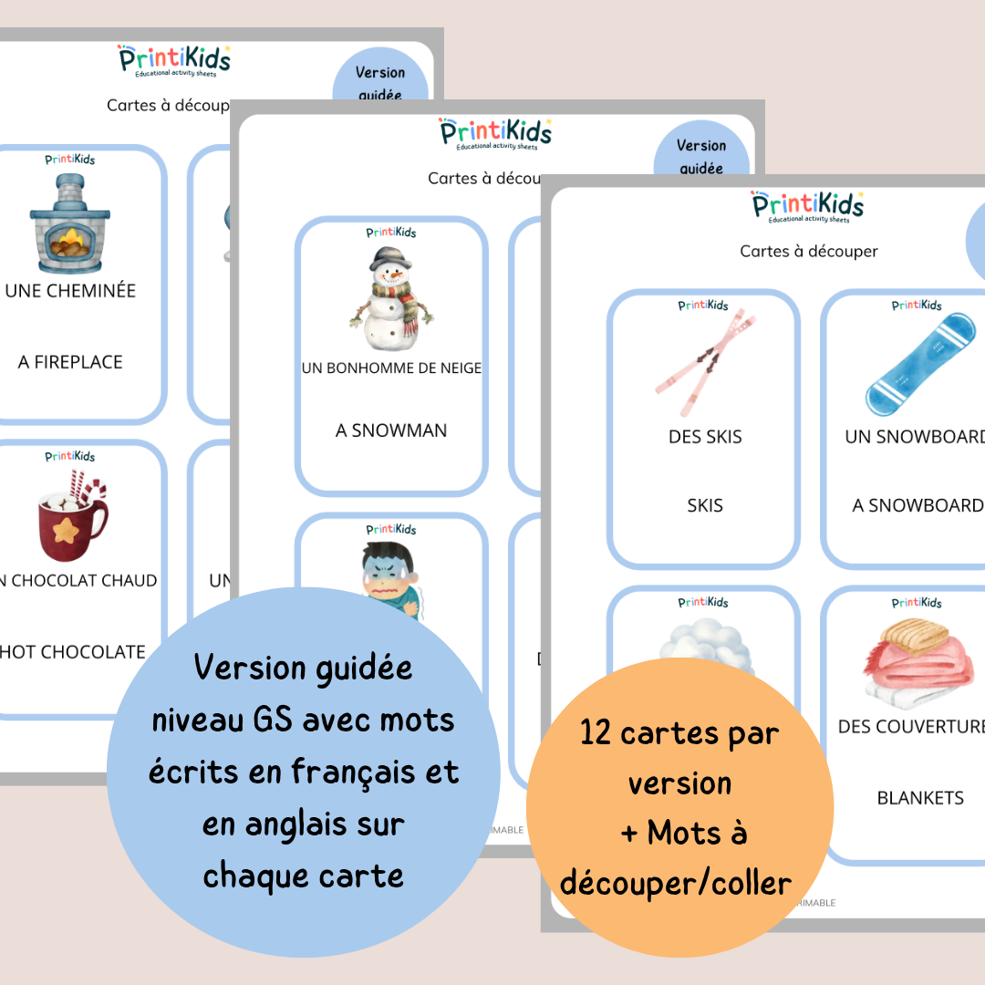 🇫🇷🇬🇧 Cartes de vocabulaire bilingues français anglais – Hiver – GS CP CE1
