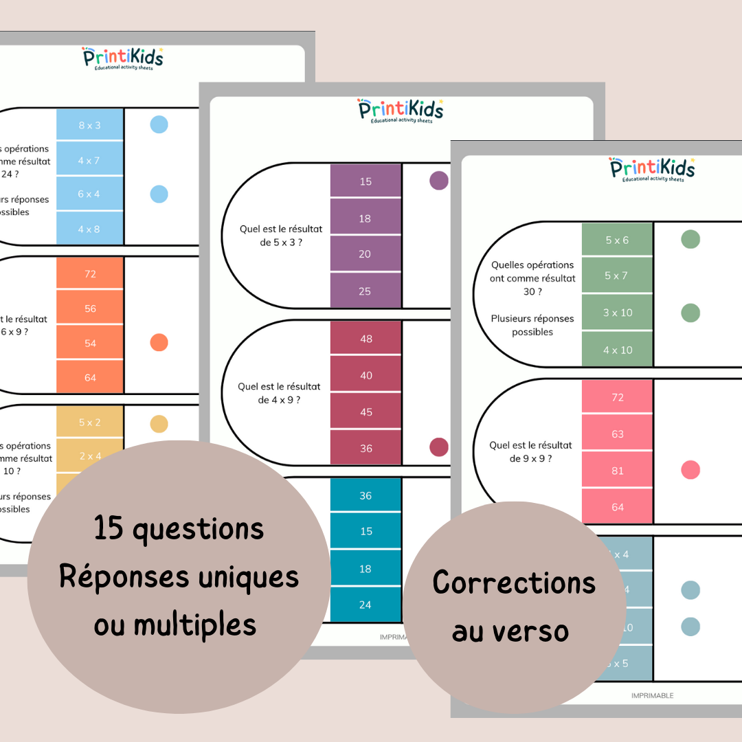 Cartes à pinces des multiplications - CE1 - CE2