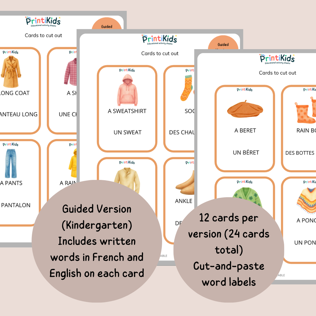 🇫🇷🇬🇧 Bilingual Clothing Flashcards for Kids –Fall vocabulary - Grade 1–2