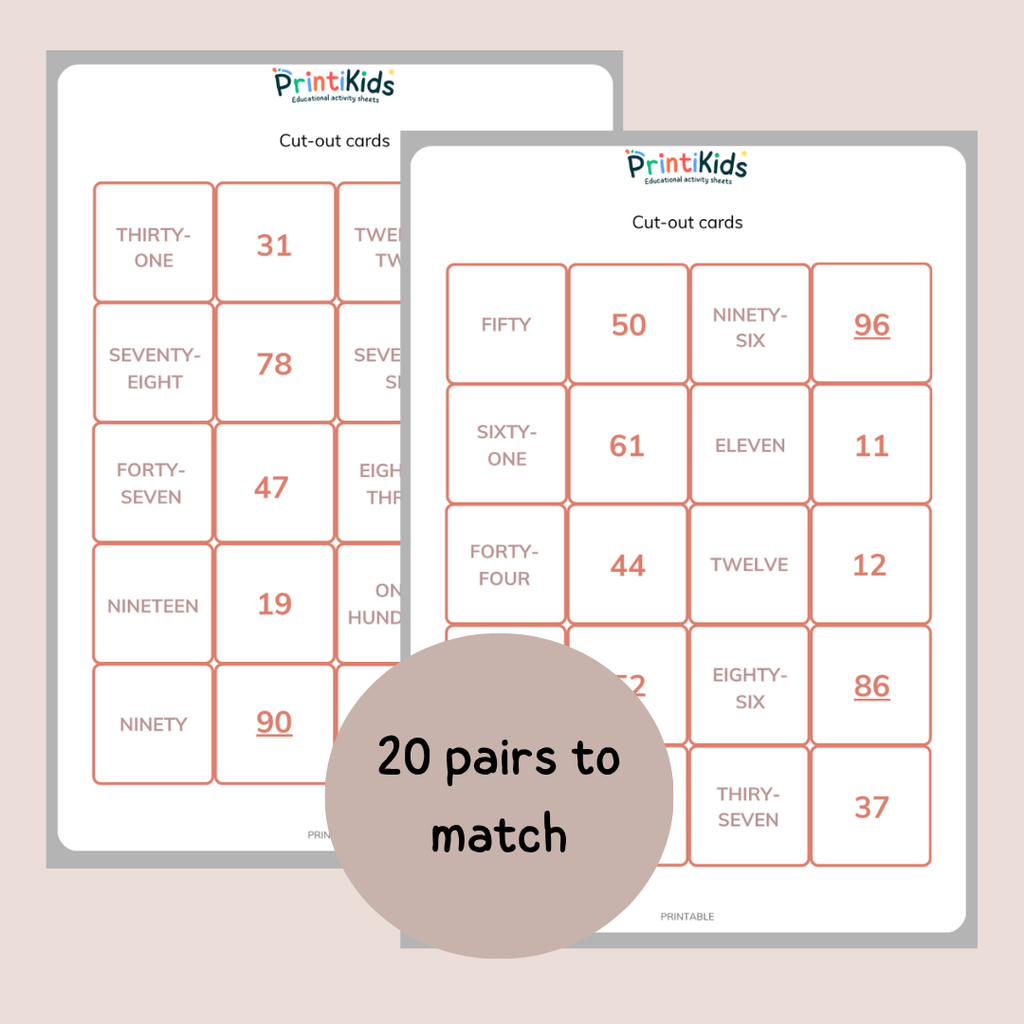 Number Words Memory Game 1–100 – Matching Math Activity (Ages 6–8 | Grade 1–2 / Year 2–3)