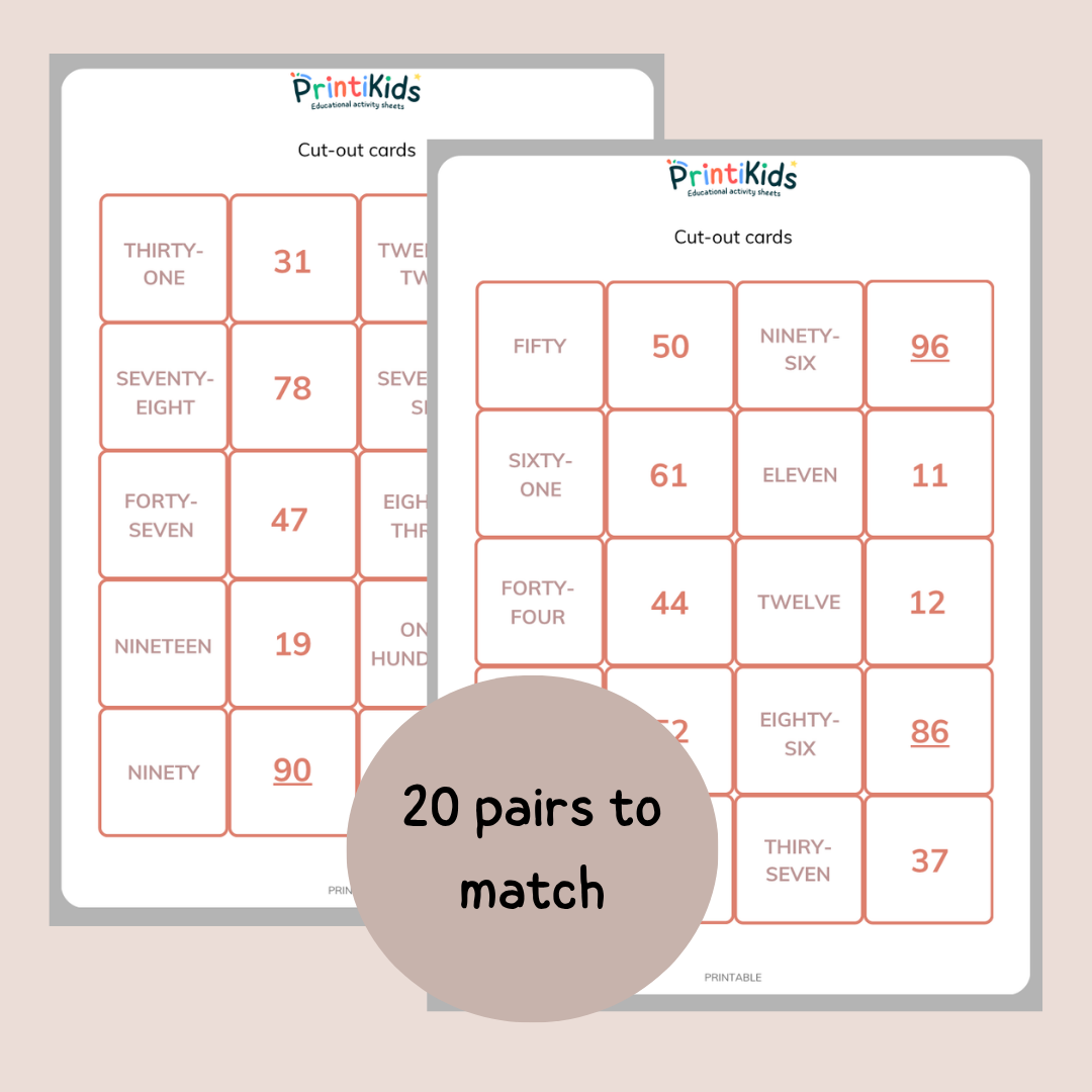 Number Words Memory Game 1–100 – Matching Math Activity (Ages 6–8 | Grade 1–2 / Year 2–3)