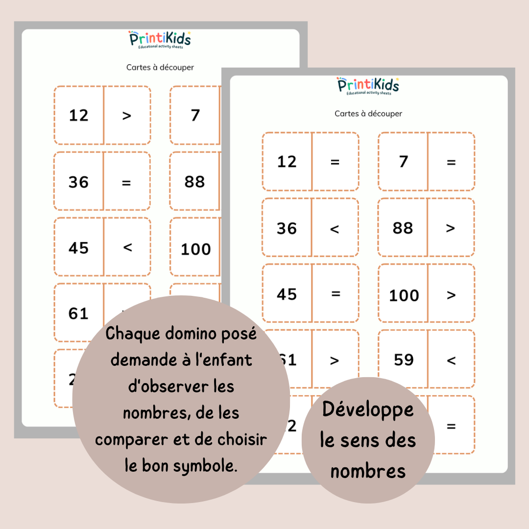 Domino comparaisons des nombres à imprimer – Jeu de maths CP avec les signes < > =