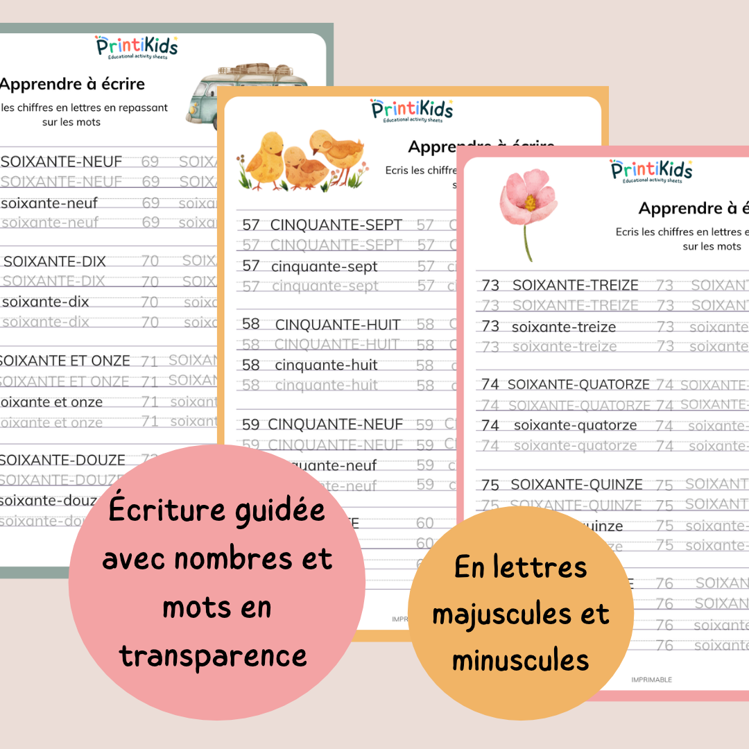 Fiche écriture - Nombres en lettres jusqu'à 100 CP CE1 CE2