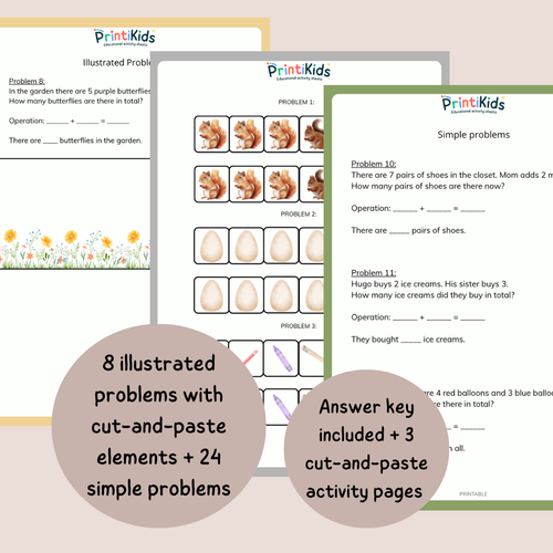 Addition Worksheets Pack – Simple & Illustrated Word Problems (Ages 6–8 | Grade 1–2 / Year 2–3)