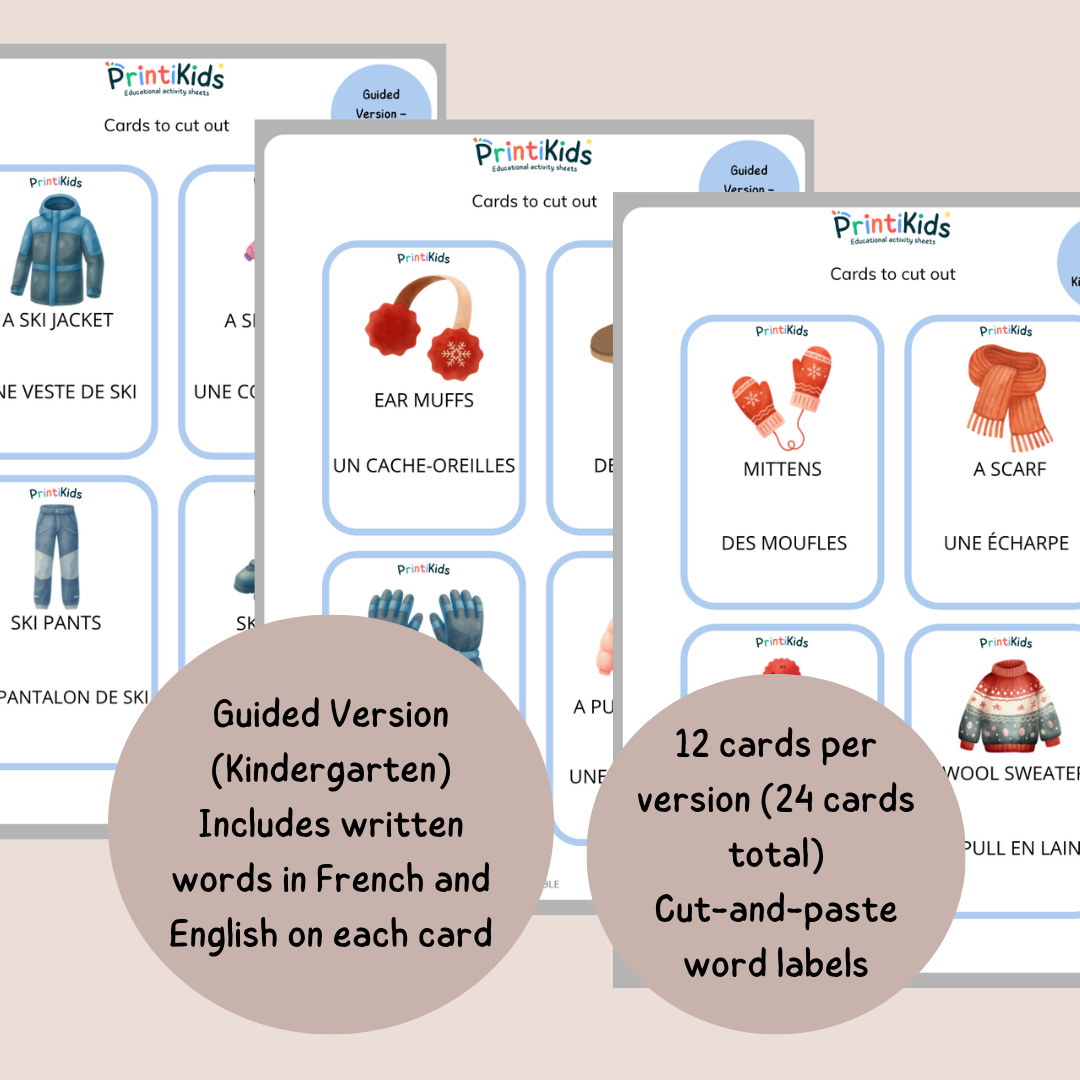 🇫🇷🇬🇧 French Winter Clothing Vocabulary Cards for Kids – Kindergarten to Grade 2