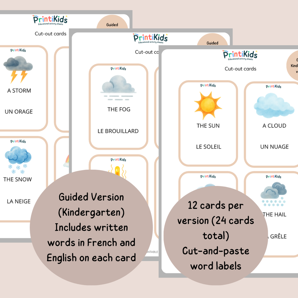🇫🇷🇬🇧 Bilingual Weather Flashcards – French English Vocabulary Activity (Ages 5–7 | Kindergarten–Grade 1–2)