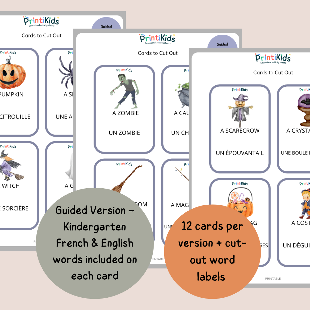 🇫🇷🇬🇧 Halloween French Vocabulary Cards – Bilingual French & English – Kindergarten to Grade 2