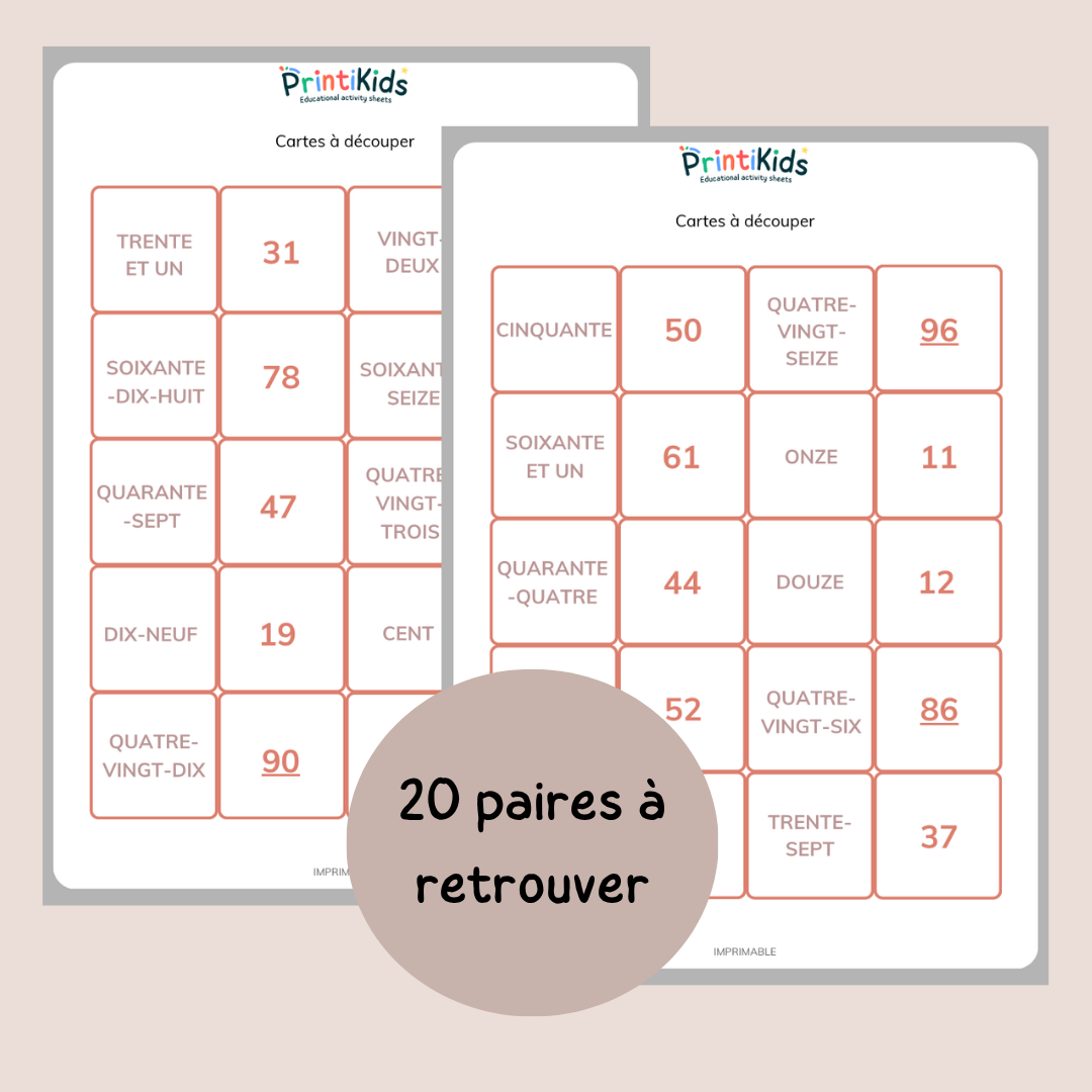 Memory des nombres jusqu’à 100 - Jeu de chiffres et lettres CP CE1