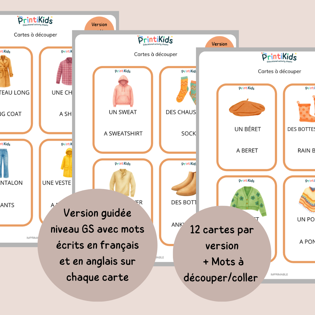 🇫🇷🇬🇧 Cartes de vocabulaire bilingues français anglais - Les vêtements d’automne – GS CP CE1