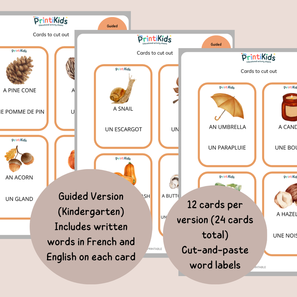 🇫🇷🇬🇧 Bilingual Fall Vocabulary Flashcards for Kids – Grades 1–2