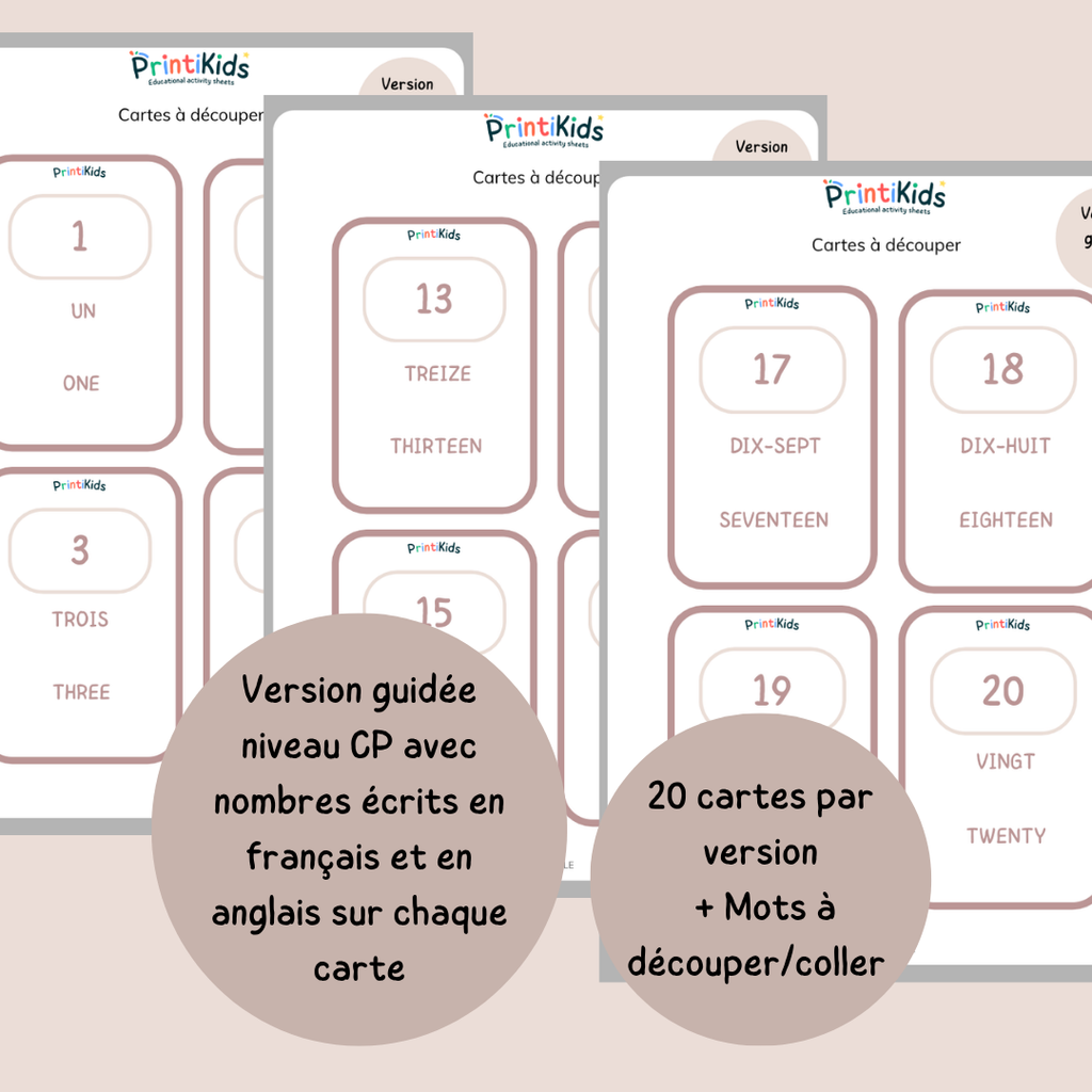🇫🇷🇬🇧 Cartes nombres bilingues français anglais à manipuler (1 à 20) – CP CE1 CE2