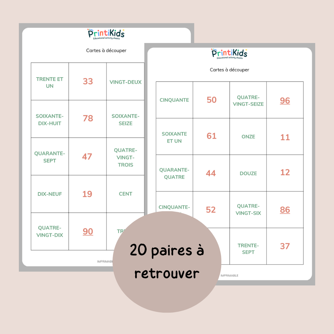 Memory des nombres en lettres jusqu'à 100 - CP - CE1