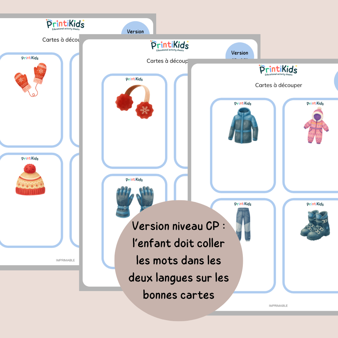 🇫🇷🇬🇧 Cartes de vocabulaire bilingues français anglais – Les vêtements d’hiver – GS CP CE1