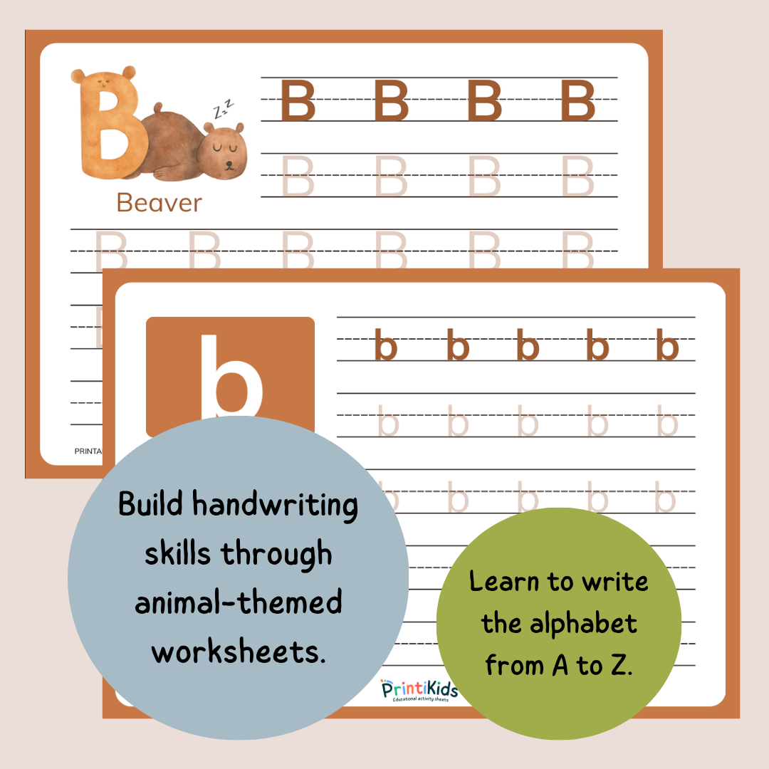 Animal Alphabet Handwriting Practice Worksheets A–Z Printable PDF – Pre-K Kindergarten Grade 1