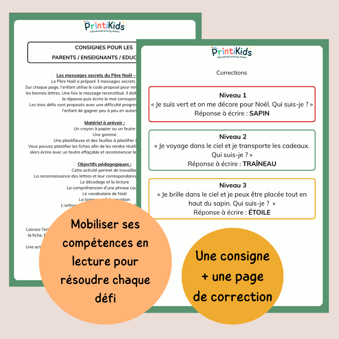 Activité de Noël gratuite à imprimer – Messages secrets du Père Noël – CP CE1