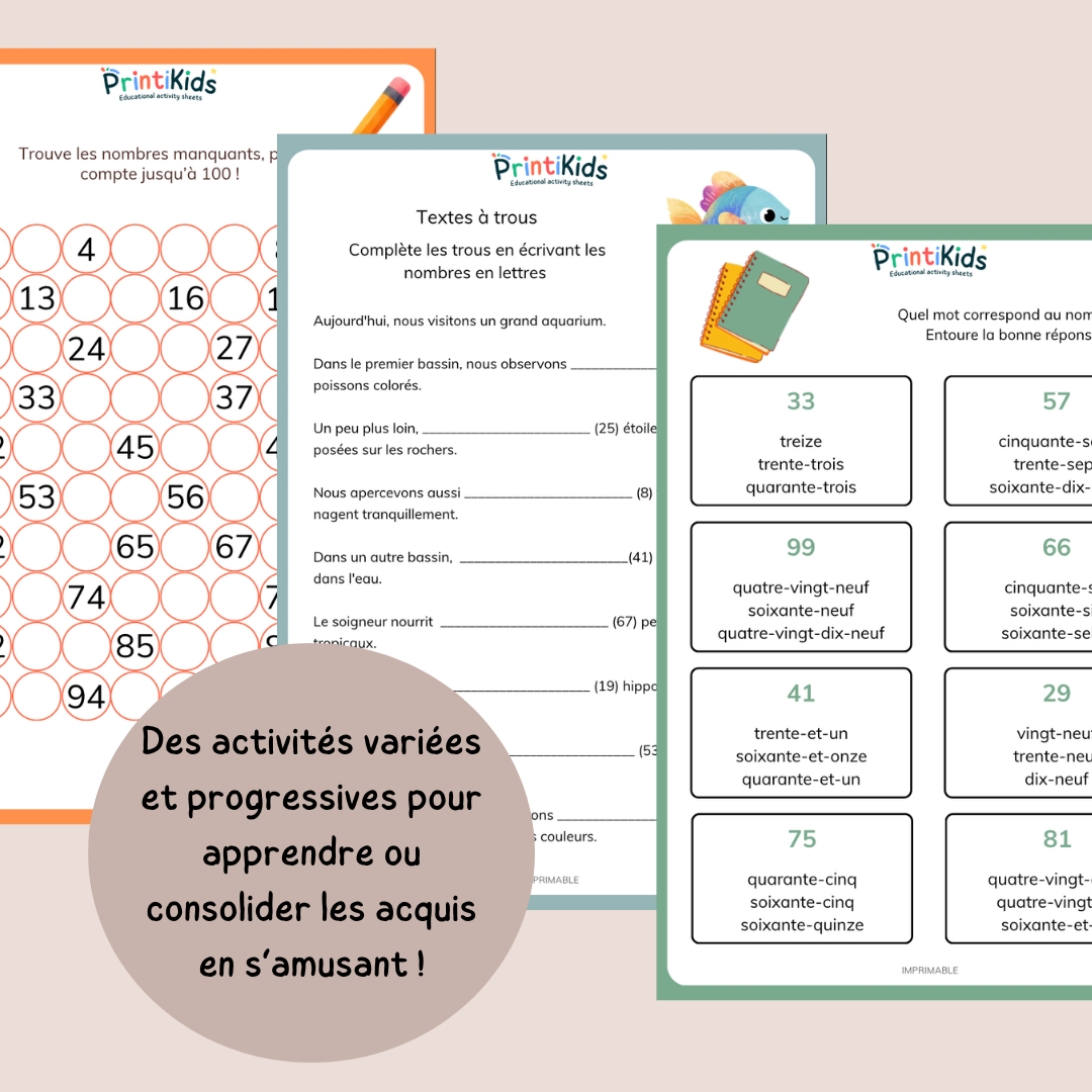 Pack nombres jusqu'à 100 – Numération, écriture en lettres et activités ludiques - CP