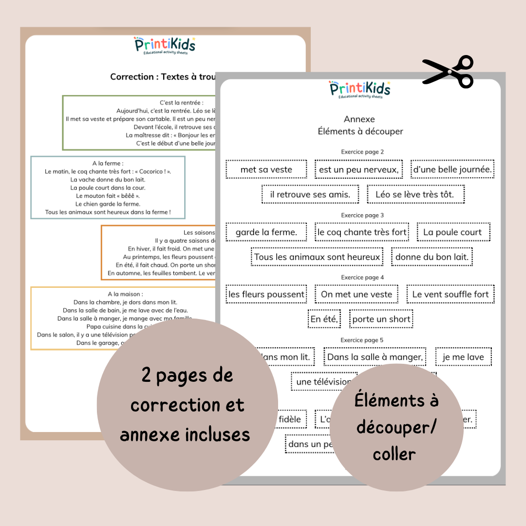 Textes à trous – Lecture et compréhension - Pack 5 fiches - CP