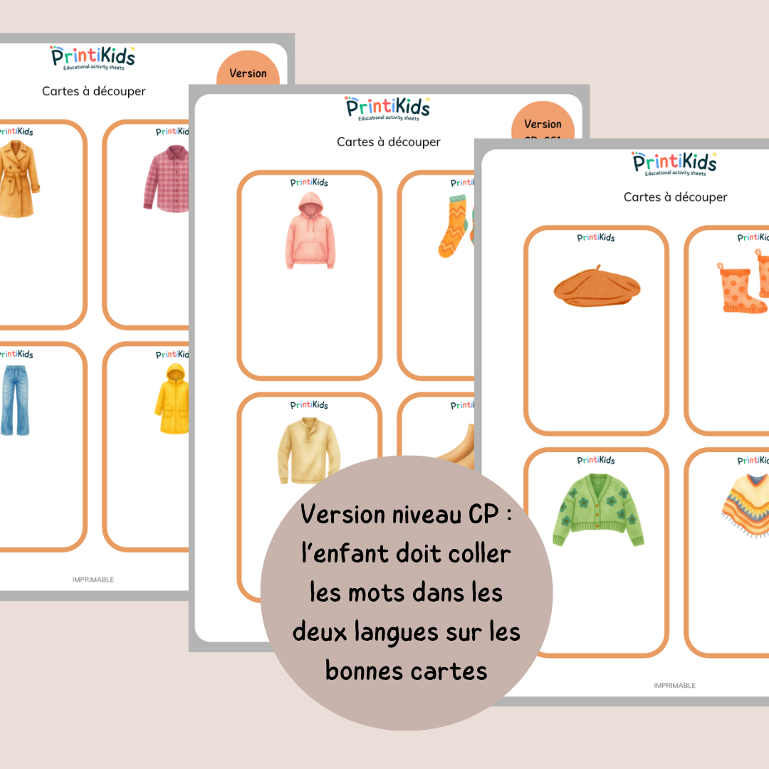 🇫🇷🇬🇧 Cartes de vocabulaire bilingues français anglais - Les vêtements d’automne – GS CP CE1