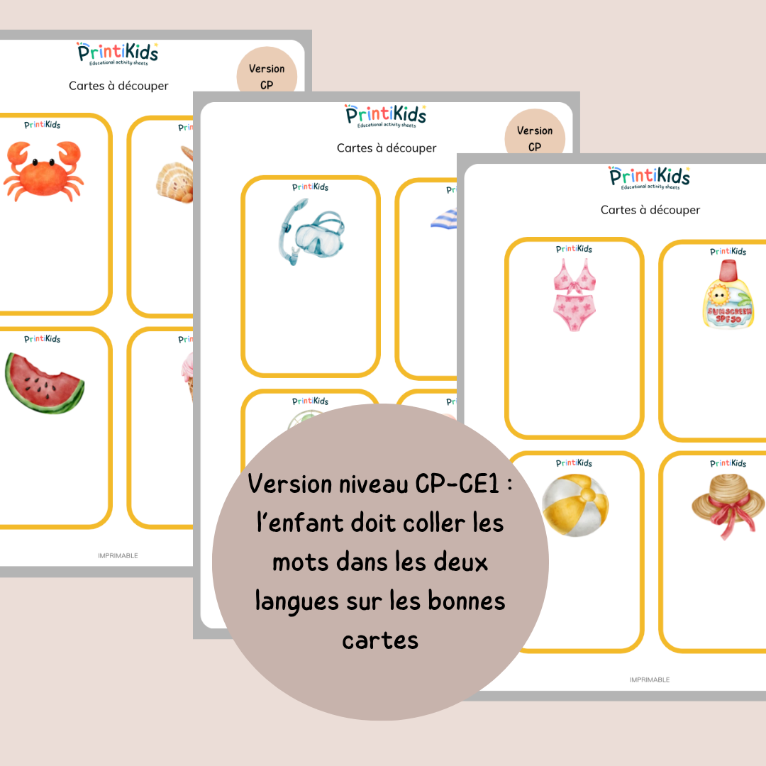 🇫🇷🇬🇧 Cartes de vocabulaire bilingues français anglais – L'été – GS CP CE1