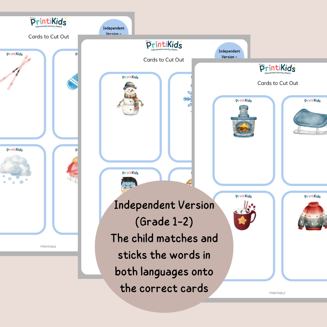 🇫🇷🇬🇧 Bilingual Winter Vocabulary Flashcards for Kids – Grades 1-2