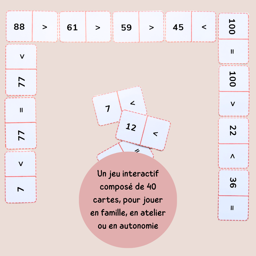 Domino comparaisons des nombres à imprimer – Jeu de maths CP avec les signes < > =