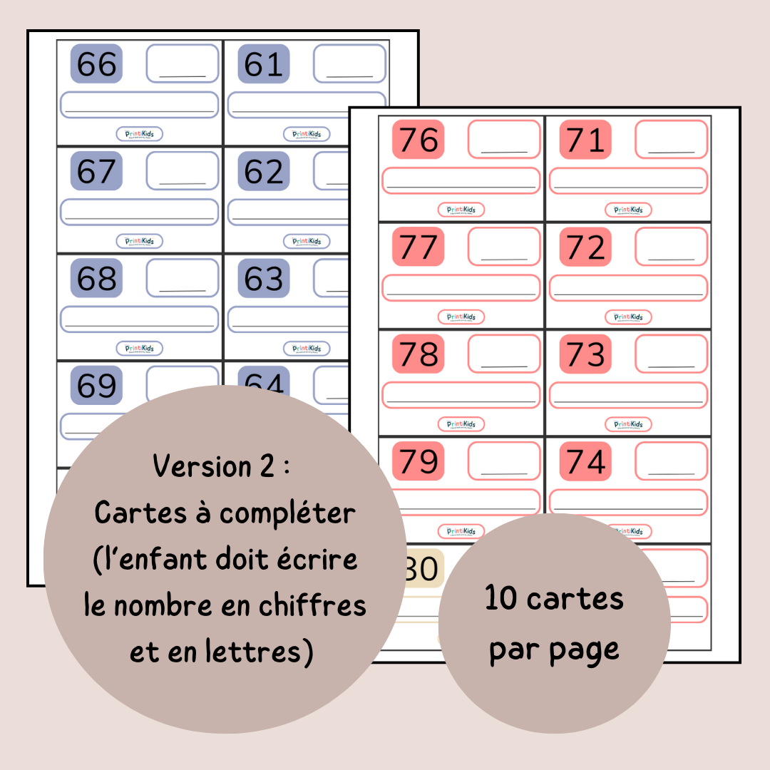 Cartes d’écriture des nombres en lettres jusqu’à 100 – 200 cartes pédagogiques - CP–CE2