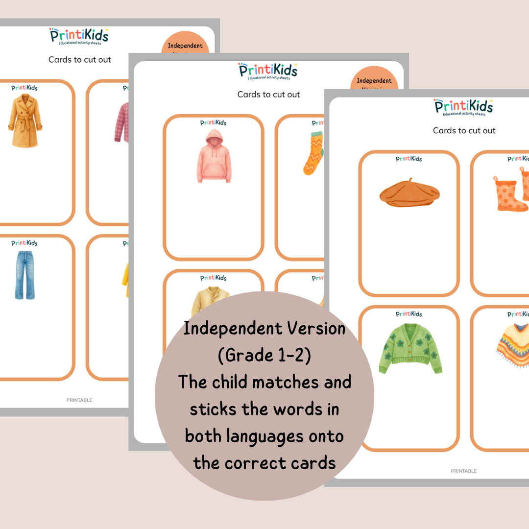 🇫🇷🇬🇧 Bilingual Clothing Flashcards for Kids –Fall vocabulary - Grade 1–2