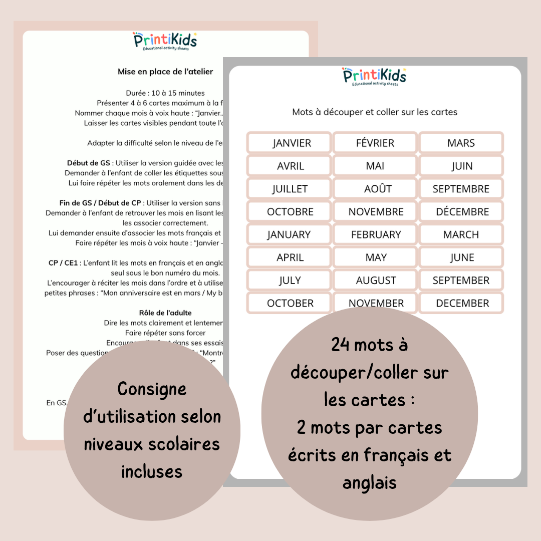 🇫🇷🇬🇧 Les mois de l’année bilingues français anglais – jeu éducatif de manipulation - GS CP CE1