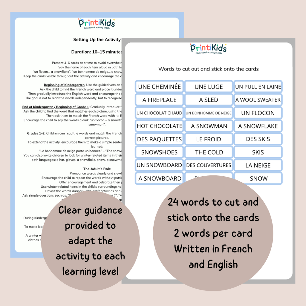 🇫🇷🇬🇧 Bilingual Winter Vocabulary Flashcards for Kids – Grades 1-2