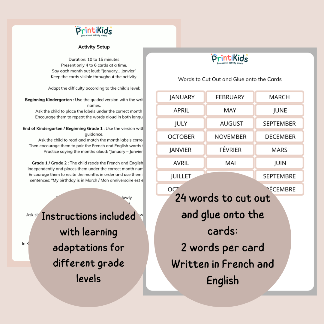 🇫🇷🇬🇧 Months of the Year French English Learning Activity - Kindergarten - Grades 1-2