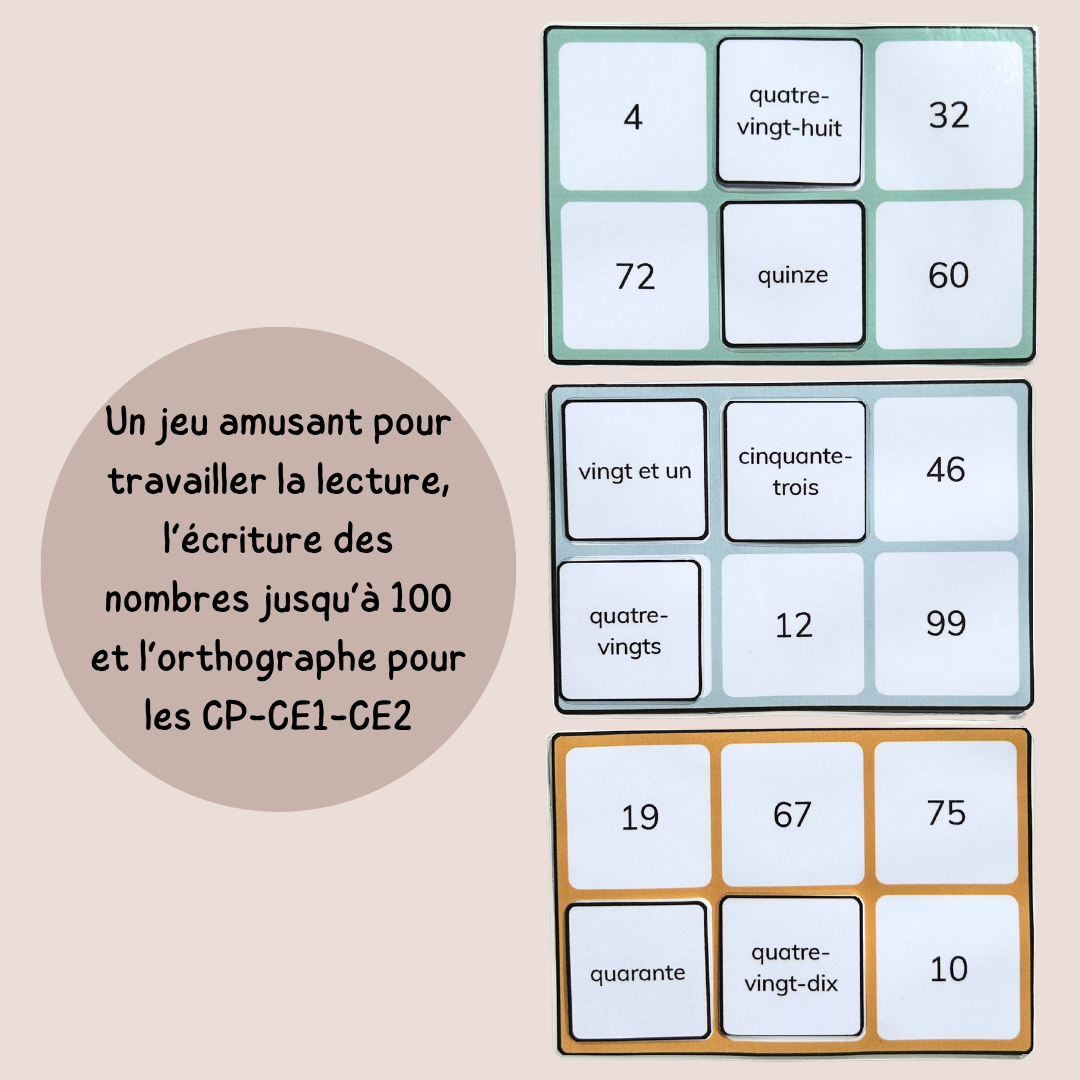 Loto des nombres jusqu’à 100 – Chiffres et lettres - CP CE1 CE2
