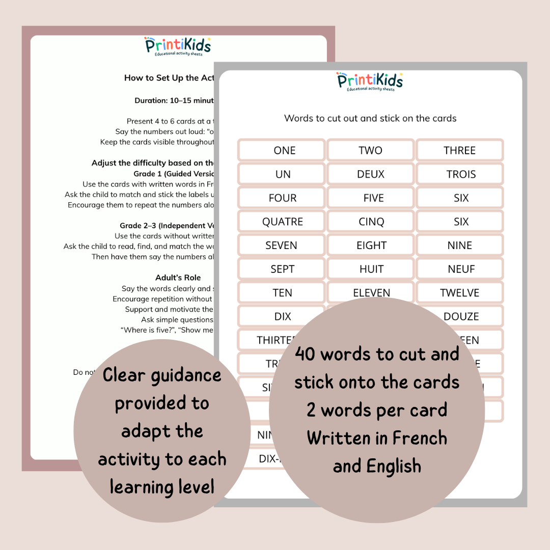 🇫🇷🇬🇧 Bilingual Number Words Cards (1–20) – Hands-On French & English Learning | Grade 1–3