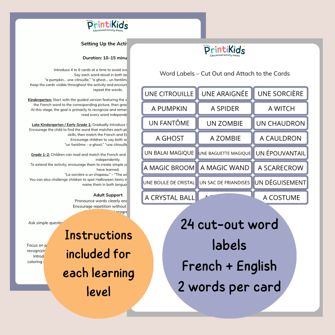 🇫🇷🇬🇧 Halloween French Vocabulary Cards – Bilingual French & English – Kindergarten to Grade 2