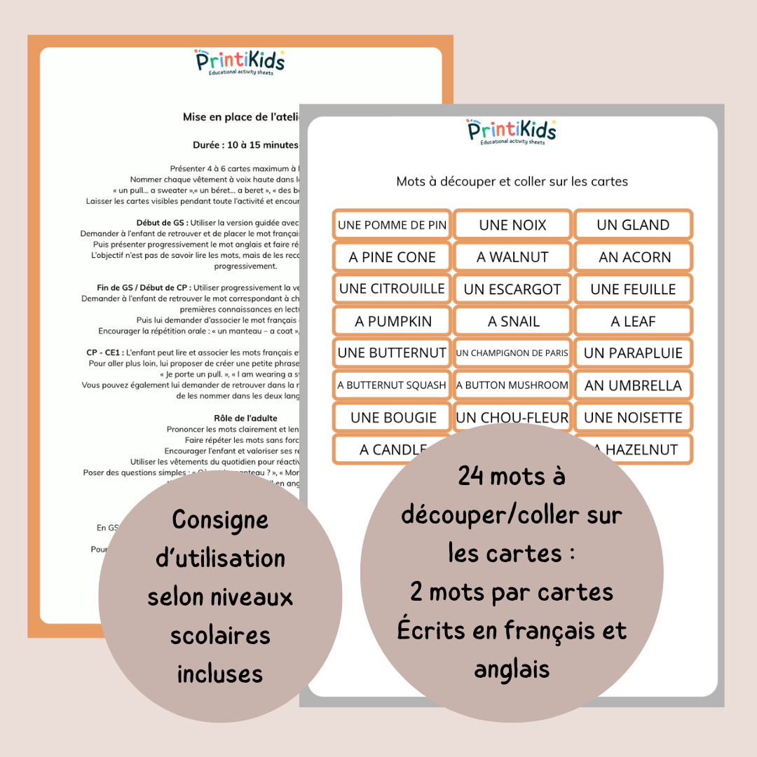 🇫🇷🇬🇧 Cartes de vocabulaire bilingues français anglais – Automne – GS CP CE1