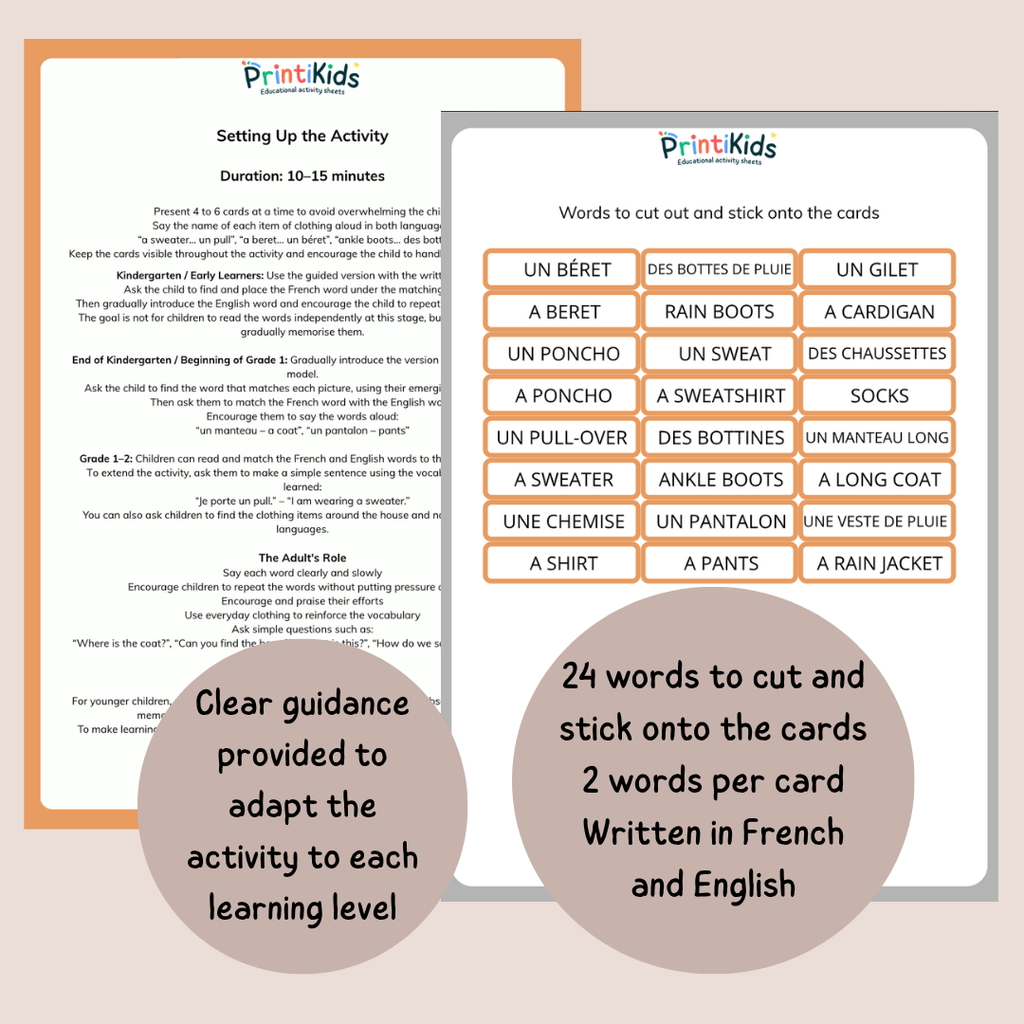 🇫🇷🇬🇧 Bilingual Clothing Flashcards for Kids –Fall vocabulary - Grade 1–2