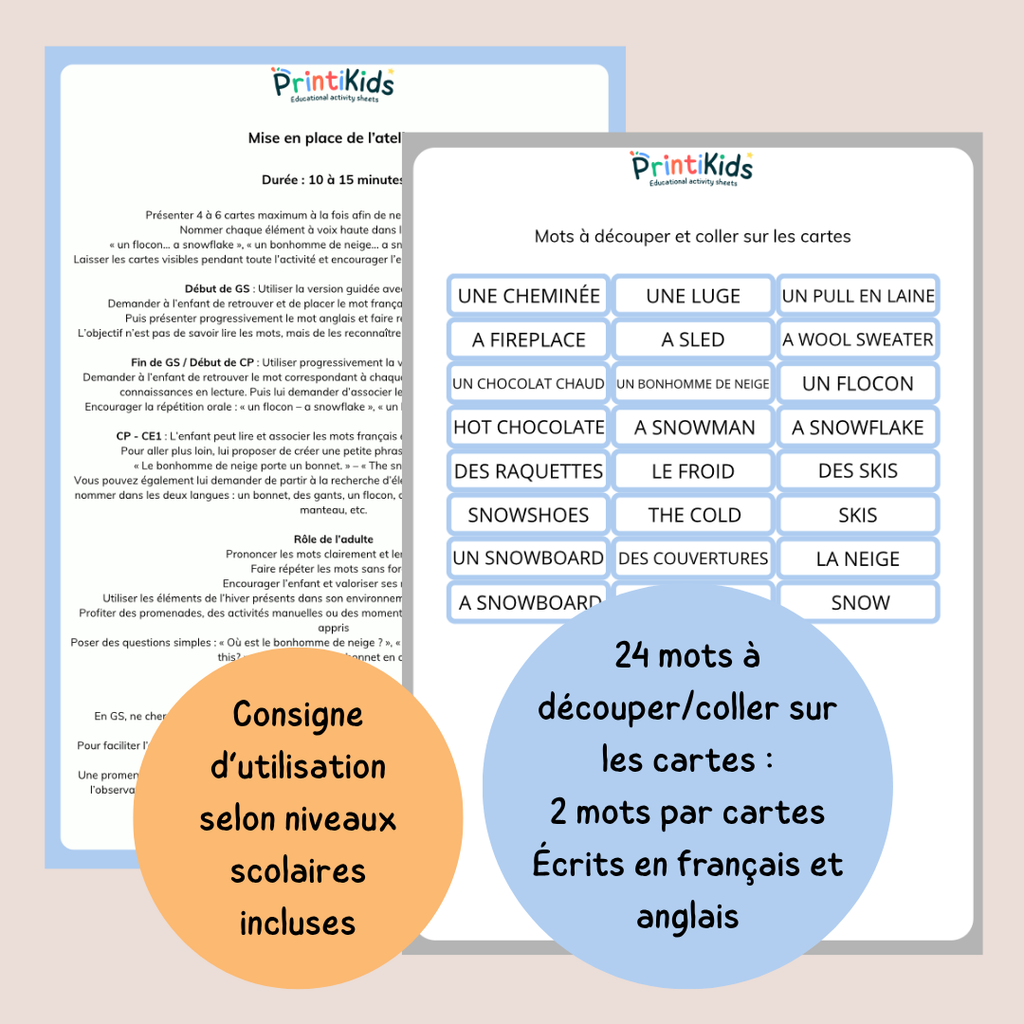 🇫🇷🇬🇧 Cartes de vocabulaire bilingues français anglais – Hiver – GS CP CE1