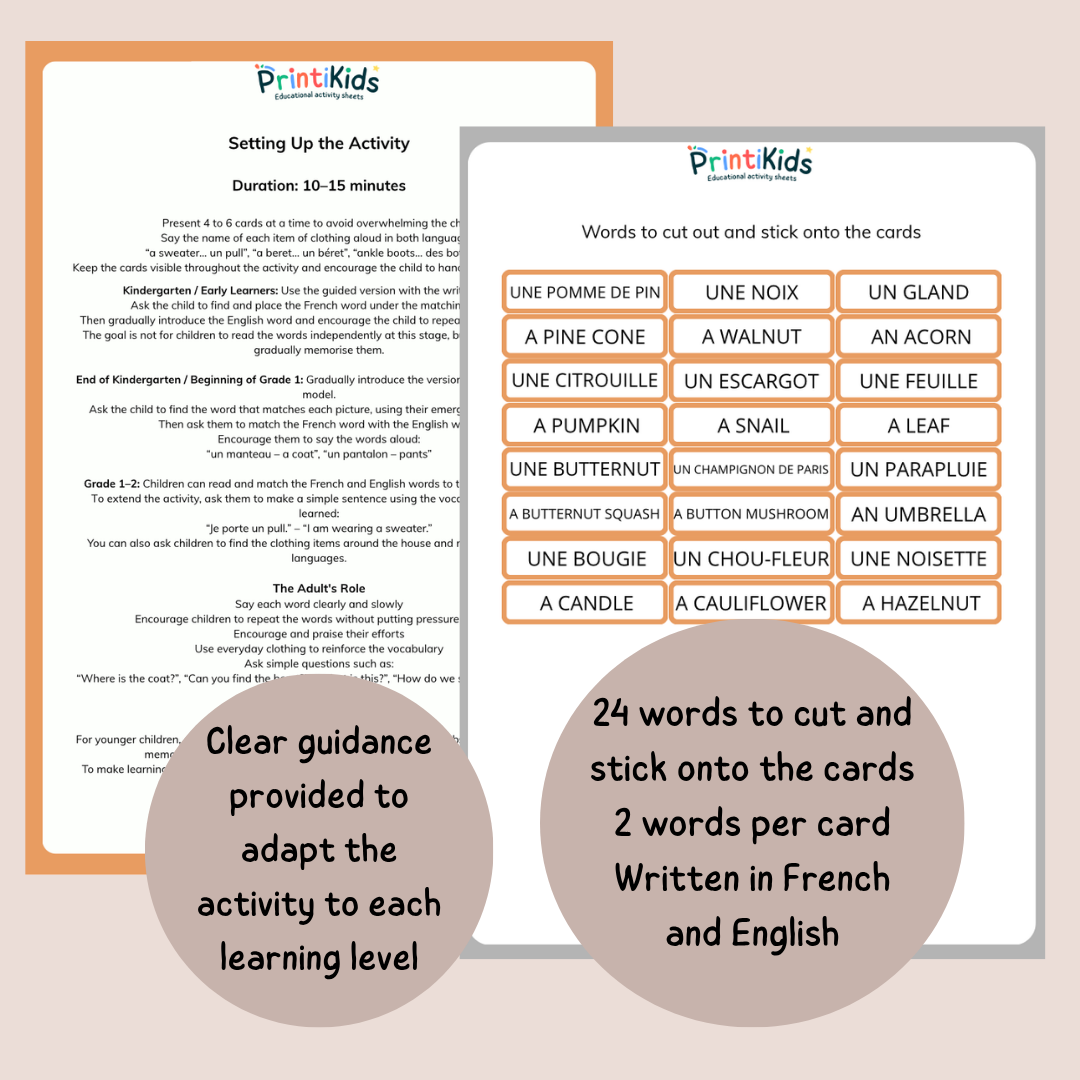 🇫🇷🇬🇧 Bilingual Fall Vocabulary Flashcards for Kids – Grades 1–2