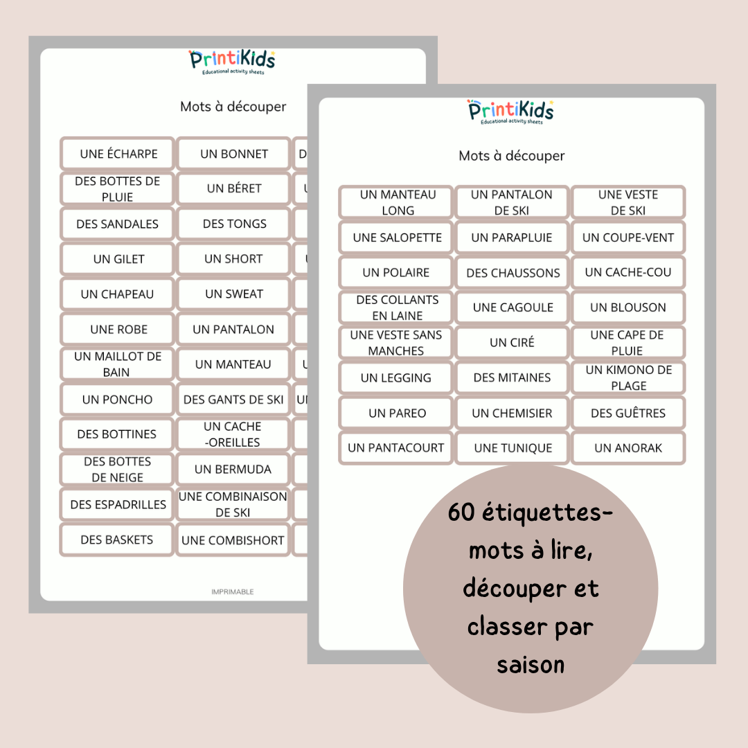 Pack vêtements des saisons à imprimer – Images + mots – GS CP