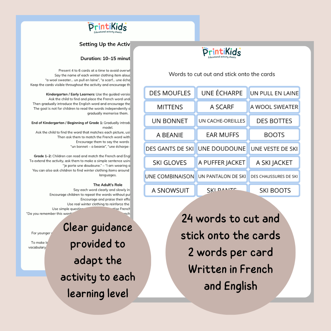 🇫🇷🇬🇧 French Winter Clothing Vocabulary Cards for Kids – Kindergarten to Grade 2