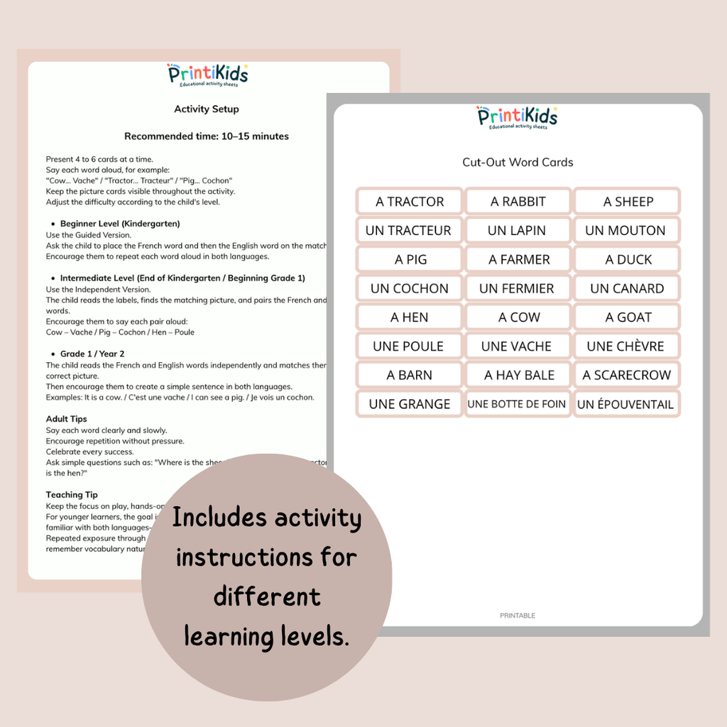 🇫🇷🇬🇧 French English Farm Vocabulary Cards – Printable Bilingual Activity for Kids
