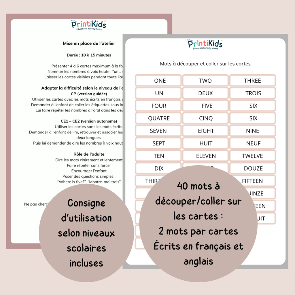 🇫🇷🇬🇧 Cartes nombres bilingues français anglais à manipuler (1 à 20) – CP CE1 CE2