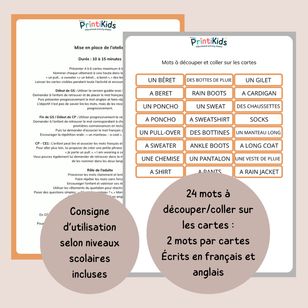 🇫🇷🇬🇧 Cartes de vocabulaire bilingues français anglais - Les vêtements d’automne – GS CP CE1